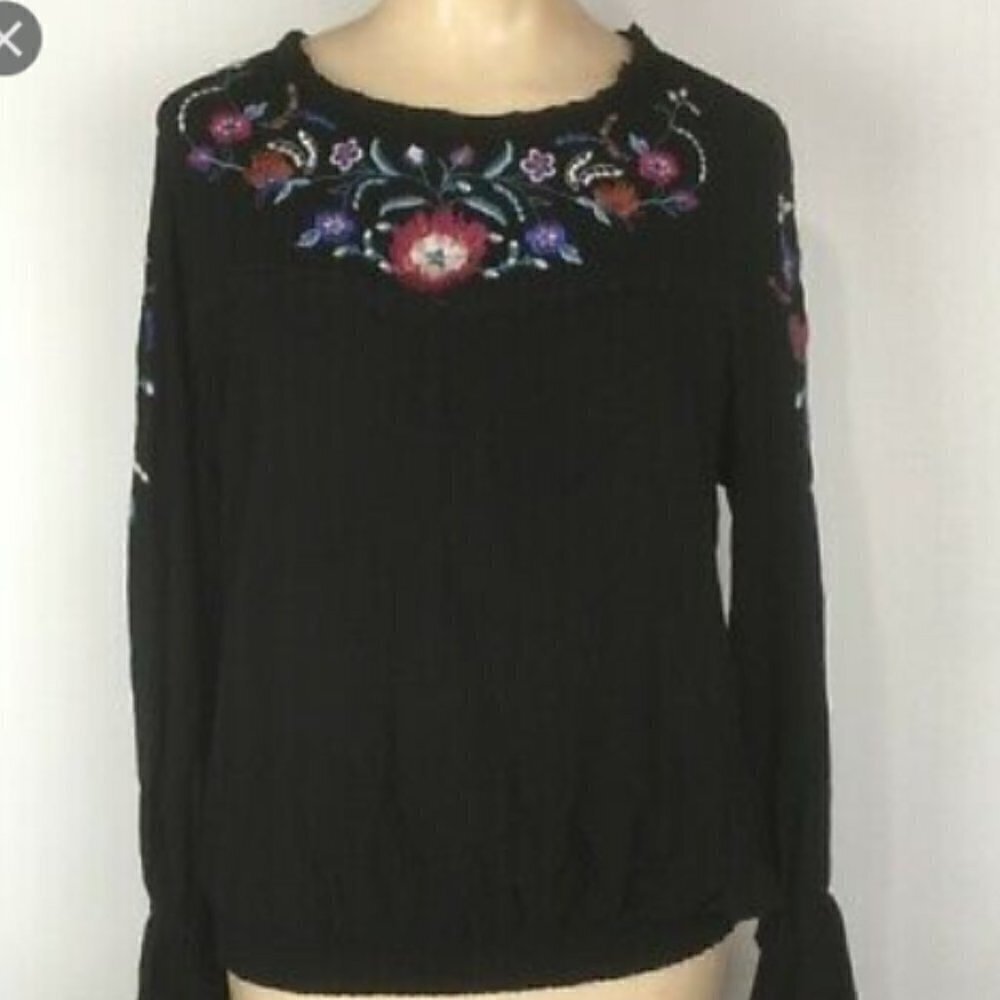 Xhilaration Flower embroidered Black Peasant Top